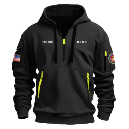 Personalized Name Color Black We Stand For The Flag U.S. Marine Corps Veteran Hoodie Half Zipper