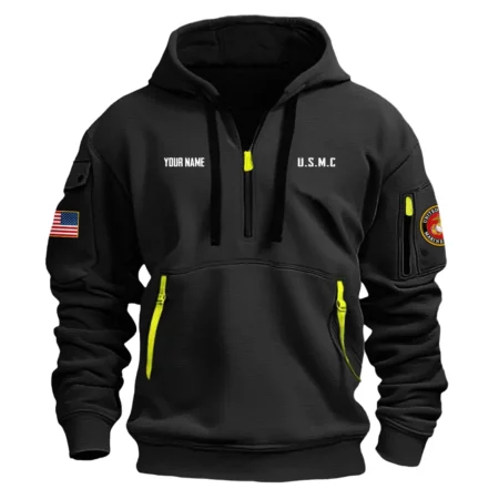 Personalized Name Color Black Veteran Remember Honor Respect U.S. Marine Corps Veteran Hoodie Half Zipper