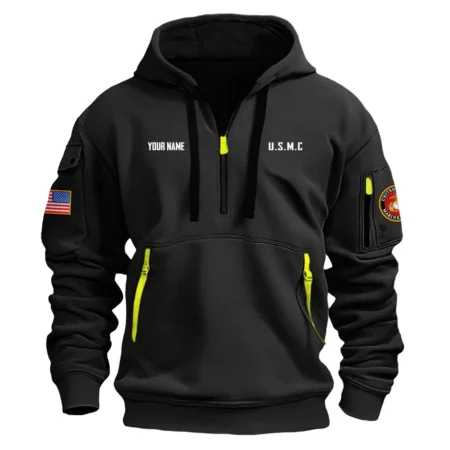 Personalized Name Color Black I Was There Sometimes I Still Am U.S. Marine Corps Veteran Hoodie Half Zipper