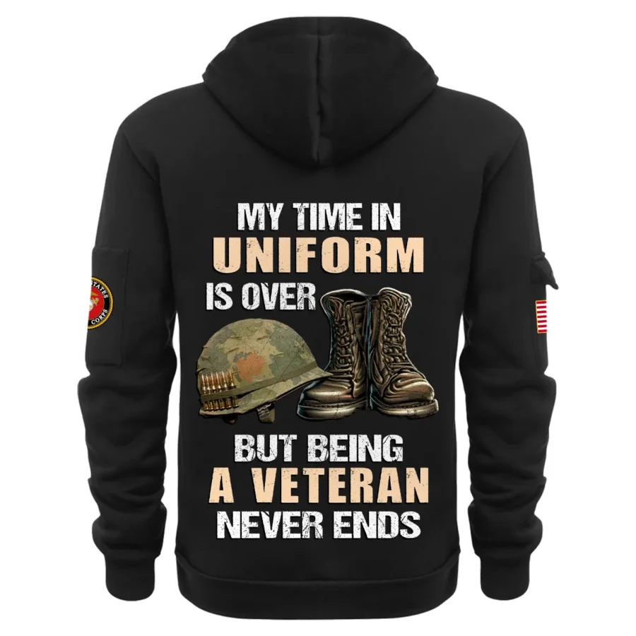 Personalized Name Color Black My Time In Uniform Is Over  U.S. Marine Corps Veteran Hoodie Half Zipper