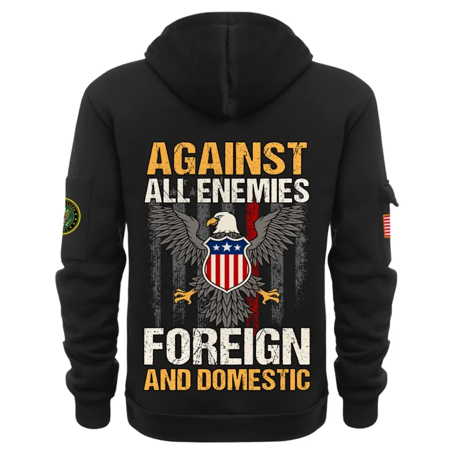 Personalized Name Color Black Against All Enemies Foreign And Domestic U.S. Army Veteran Hoodie Half Zipper