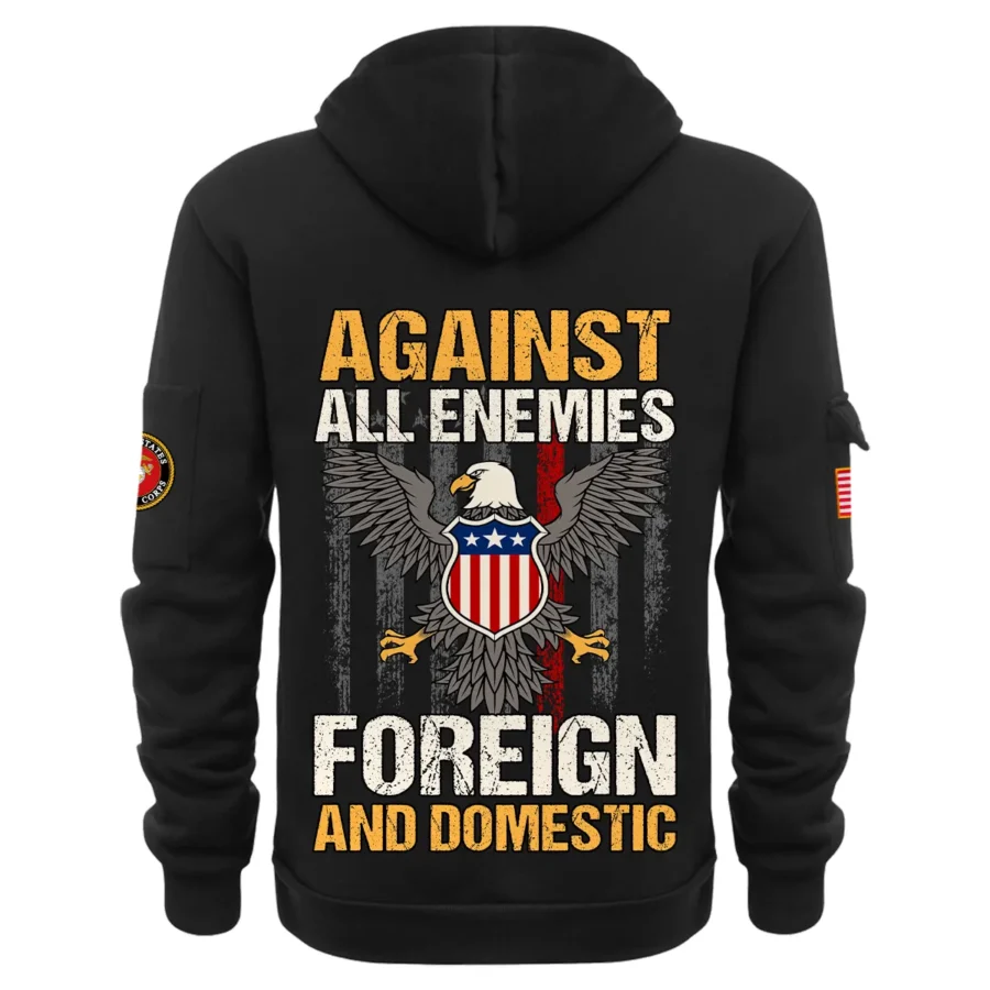 Personalized Name Color Black Against All Enemies Foreign And Domestic U.S. Marine Corps Veteran Hoodie Half Zipper