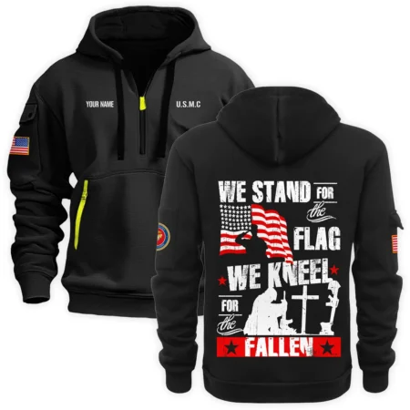 Personalized Name Color Black We Stand For The Flag U.S. Marine Corps Veteran Hoodie Half Zipper