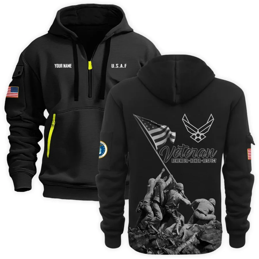 Personalized Name Color Black Veteran Remember Honor Respect U.S. Air Force Veteran Hoodie Half Zipper