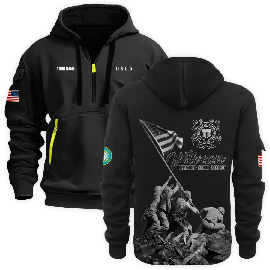 Personalized Name Color Black Veteran Remember Honor Respect U.S. Coast Guard Veteran Hoodie Half Zipper