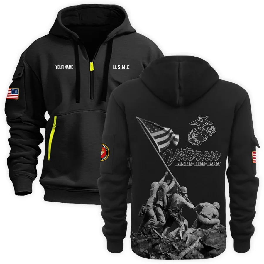 Personalized Name Color Black Veteran Remember Honor Respect U.S. Marine Corps Veteran Hoodie Half Zipper