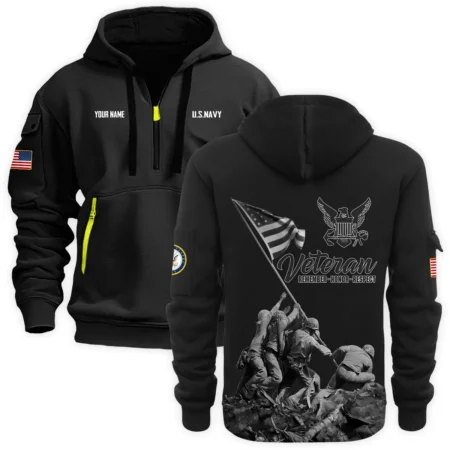 Personalized Name Color Black Veteran Remember Honor Respect U.S. Navy Veteran Hoodie Half Zipper