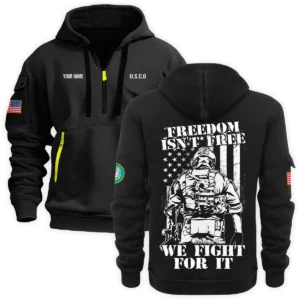 Personalized Name Color Khaki Freedom Isnt Free We Fight For It U.S. Coast Guard Veteran Hoodie Half Zipper