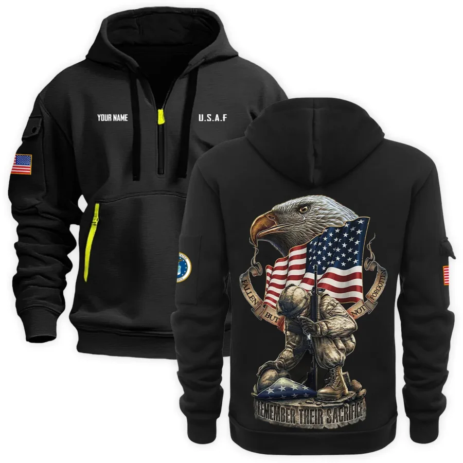 Personalized Name Color Black Fallen But Not Forgotten Remember Their Sacrifice U.S. Air Force Veteran Hoodie Half Zipper