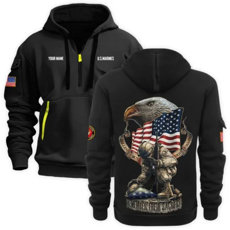 Personalized Name Color Black Fallen But Not Forgotten Remember Their Sacrifice U.S. Marine Corps Veteran Hoodie Half Zipper