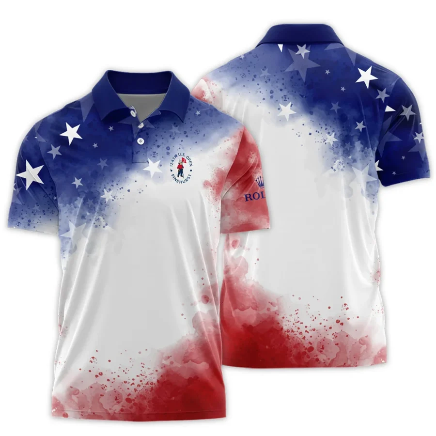 124th U.S. Open Pinehurst Rolex Blue Red Watercolor Star White Backgound Polo Shirt Style Classic Polo Shirt For Men