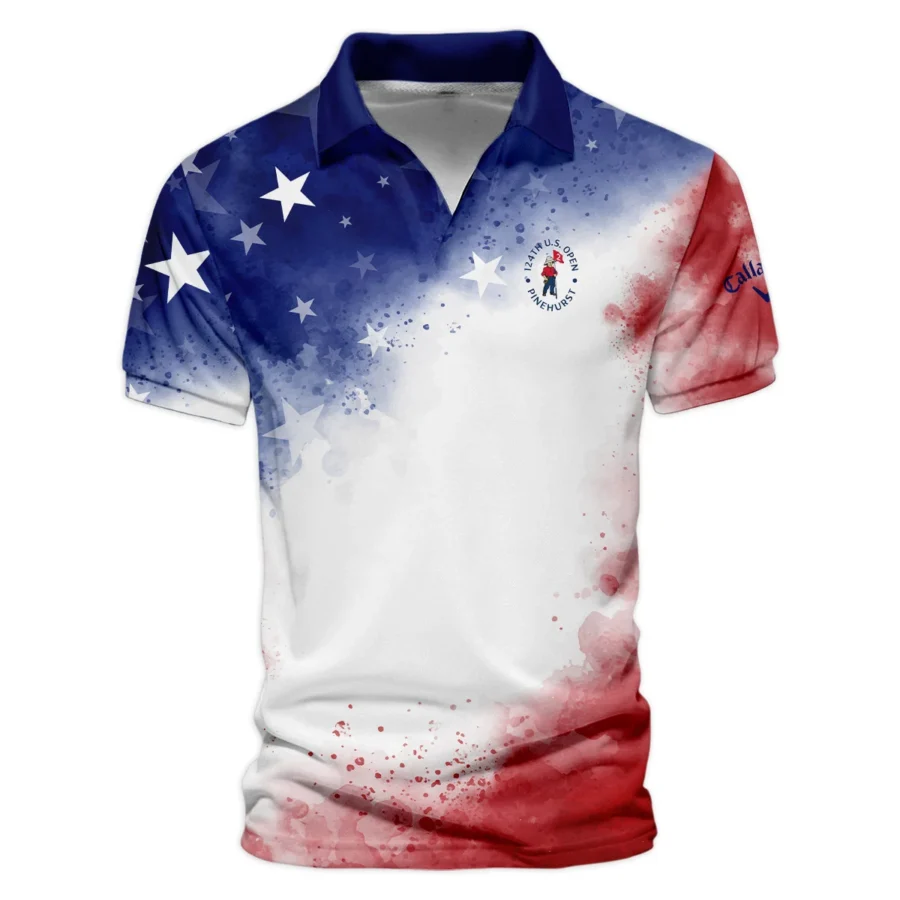 124th U.S. Open Pinehurst Callaway Blue Red Watercolor Star White Backgound Vneck Polo Shirt Style Classic Polo Shirt For Men