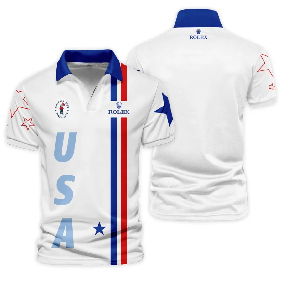 124th U.S. Open Pinehurst Rolex Blue Red Line White Vneck Polo Shirt Style Classic Polo Shirt For Men