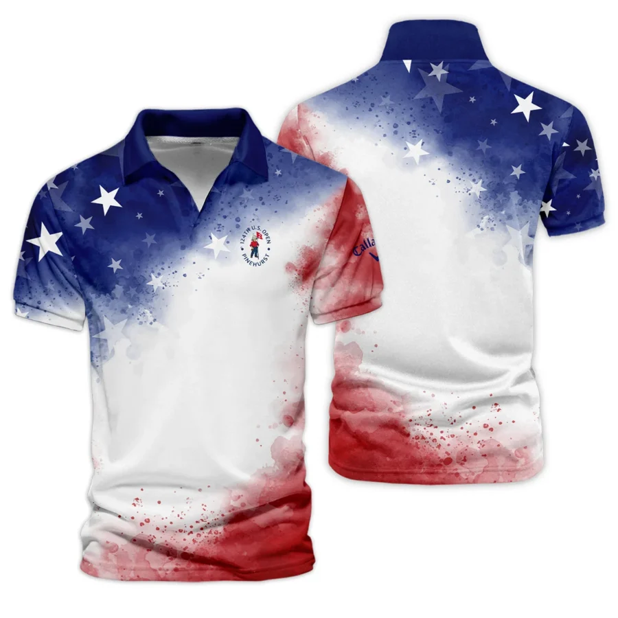 124th U.S. Open Pinehurst Callaway Blue Red Watercolor Star White Backgound Vneck Polo Shirt Style Classic Polo Shirt For Men