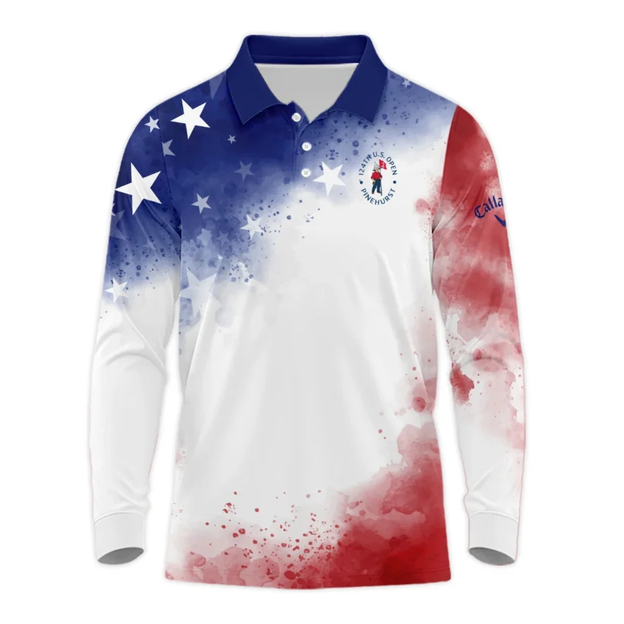 124th U.S. Open Pinehurst Callaway Blue Red Watercolor Star White Backgound Long Polo Shirt Style Classic Long Polo Shirt For Men