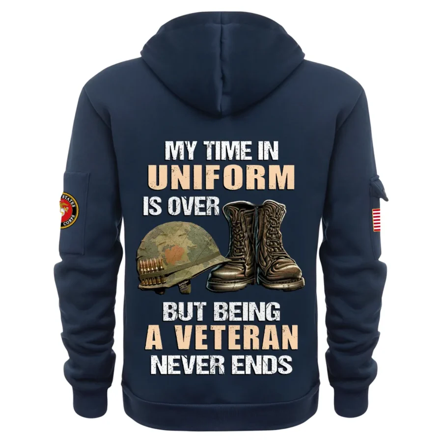 Personalized Name Color Navy My Time In Uniform Is Over  U.S. Marine Corps Veteran Hoodie Half Zipper