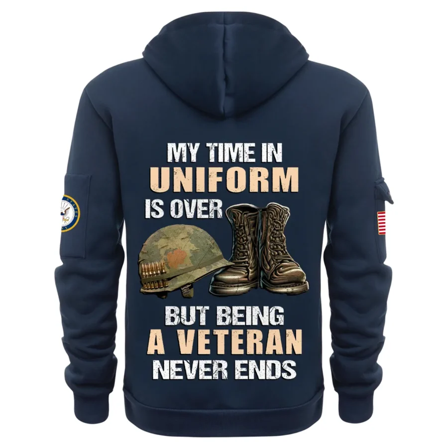 Personalized Name Color Navy My Time In Uniform Is Over  U.S. Navy Veteran Hoodie Half Zipper