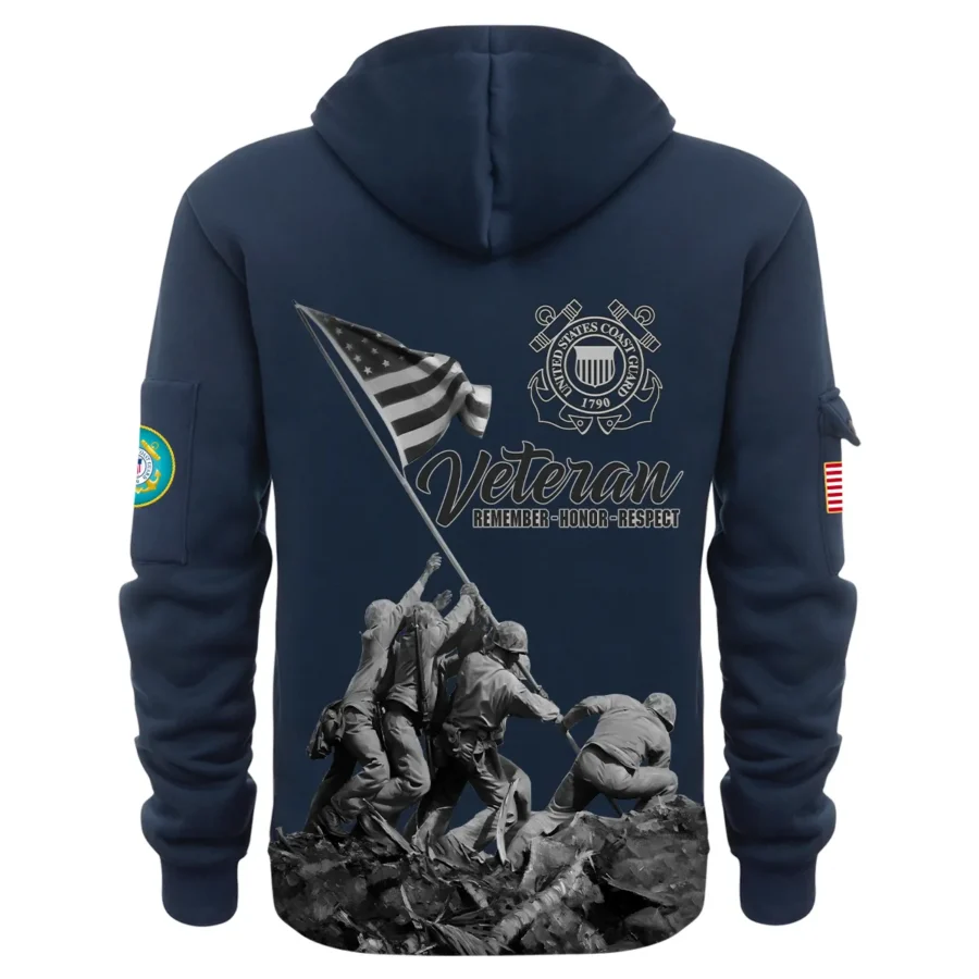 Personalized Name Color Navy Veteran Remember Honor Respect U.S. Coast Guard Veteran Hoodie Half Zipper