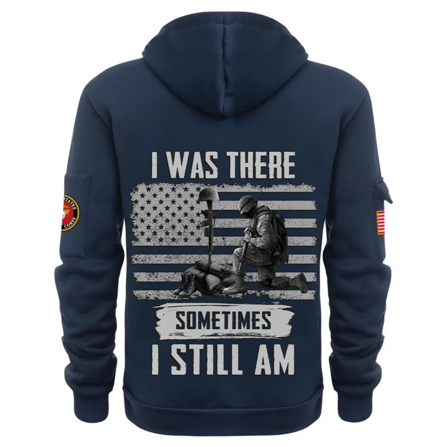 Personalized Name Color Navy I Was There Sometimes I Still Am U.S. Marine Corps Veteran Hoodie Half Zipper