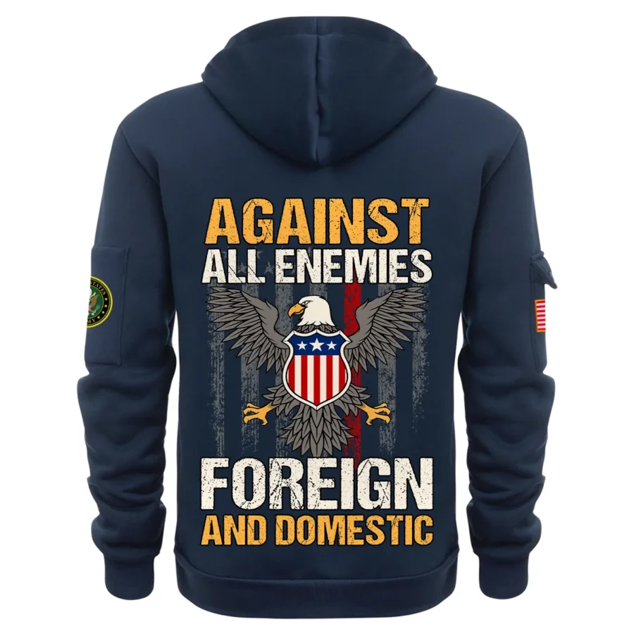 Personalized Name Color Navy Against All Enemies Foreign And Domestic U.S. Army Veteran Hoodie Half Zipper