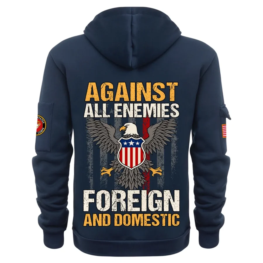 Personalized Name Color Navy Against All Enemies Foreign And Domestic U.S. Marine Corps Veteran Hoodie Half Zipper