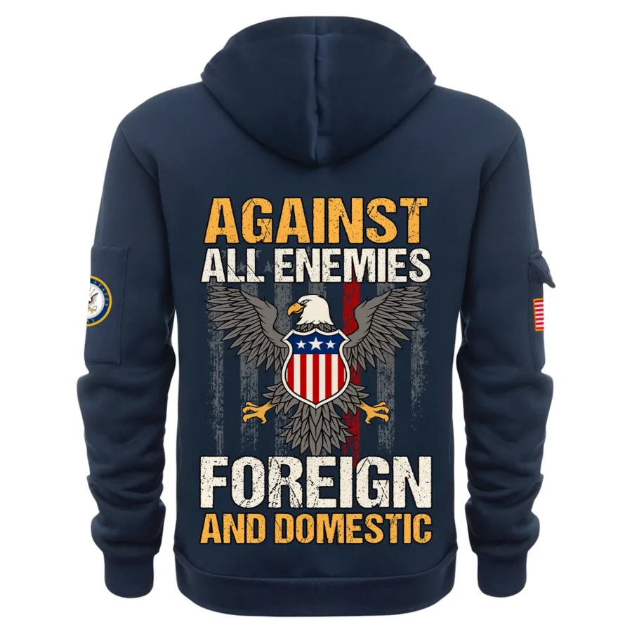 Personalized Name Color Navy Against All Enemies Foreign And Domestic U.S. Navy Veteran Hoodie Half Zipper