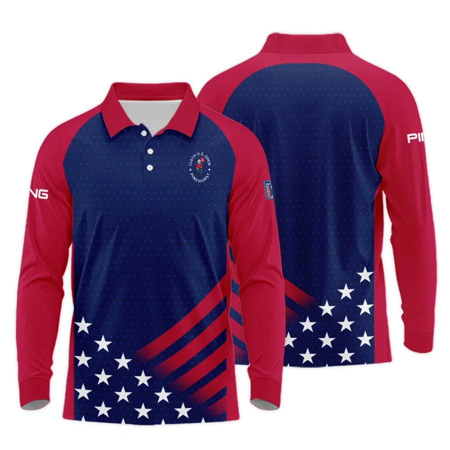 Ping 124th U.S. Open Pinehurst Star White Dark Blue Red Background Long Polo Shirt Style Classic Long Polo Shirt For Men