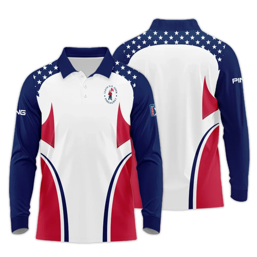 124th U.S. Open Pinehurst Ping Stars White Dark Blue Red Line Long Polo Shirt Style Classic Long Polo Shirt For Men