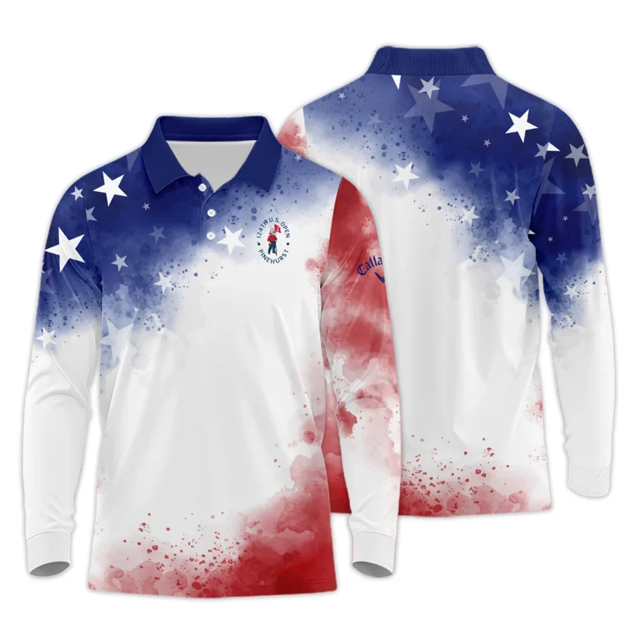 124th U.S. Open Pinehurst Callaway Blue Red Watercolor Star White Backgound Long Polo Shirt Style Classic Long Polo Shirt For Men