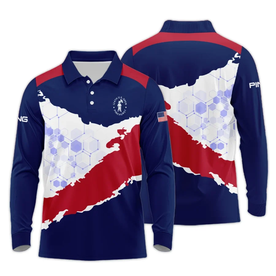 Ping 124th U.S. Open Pinehurst Red Dark Blue White Abstract Background Long Polo Shirt Style Classic