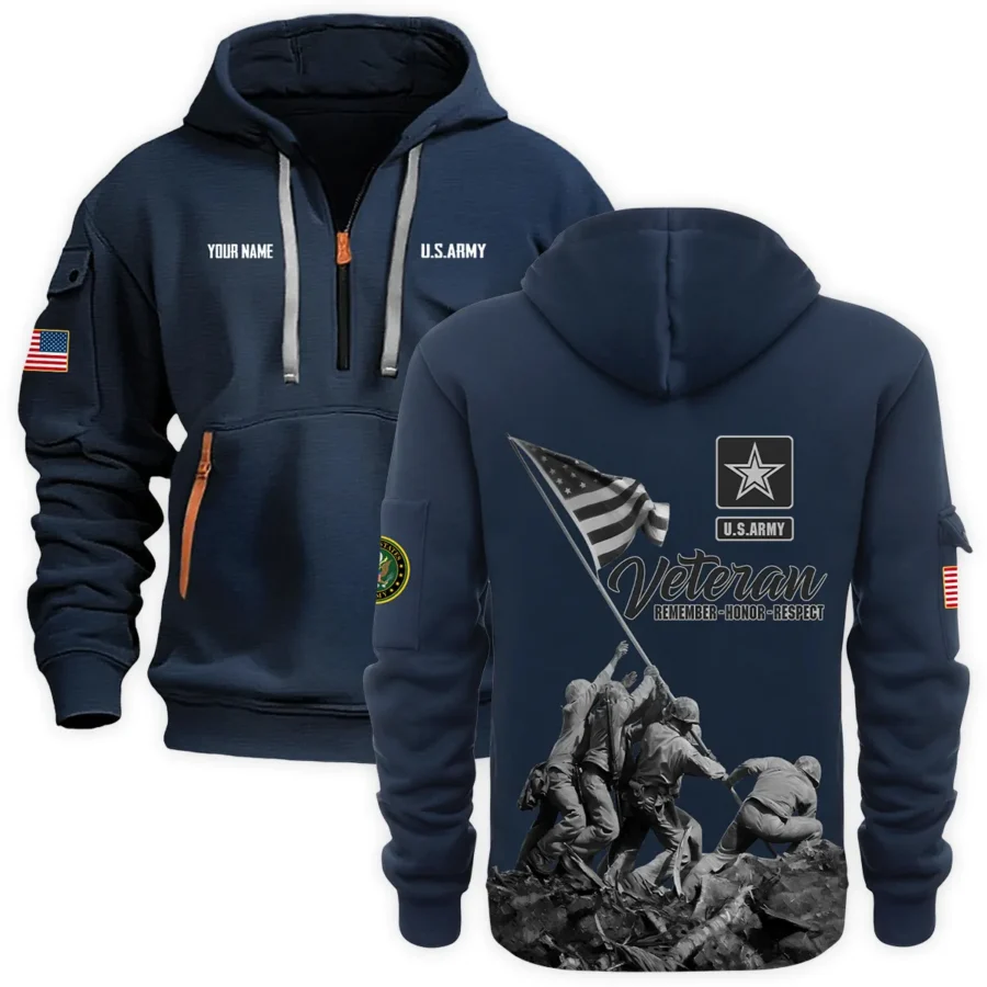 Personalized Name Color Navy Veteran Remember Honor Respect U.S. Army Veteran Hoodie Half Zipper