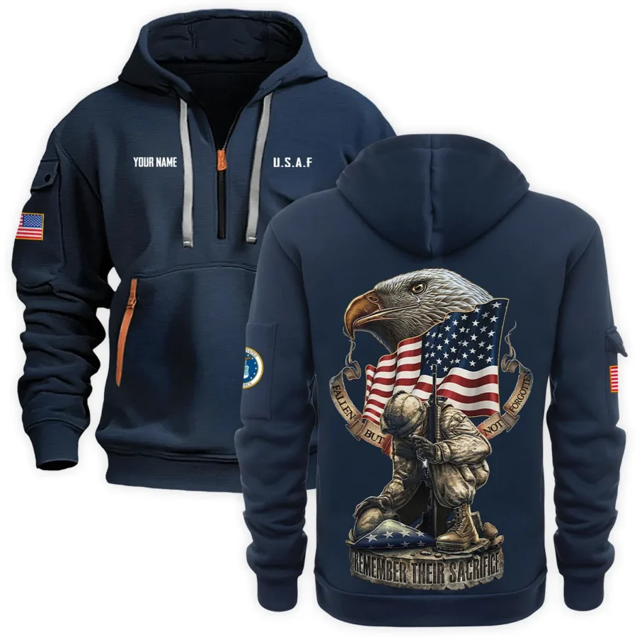 Personalized Name Color Navy Fallen But Not Forgotten Remember Their Sacrifice U.S. Air Force Veteran Hoodie Half Zipper