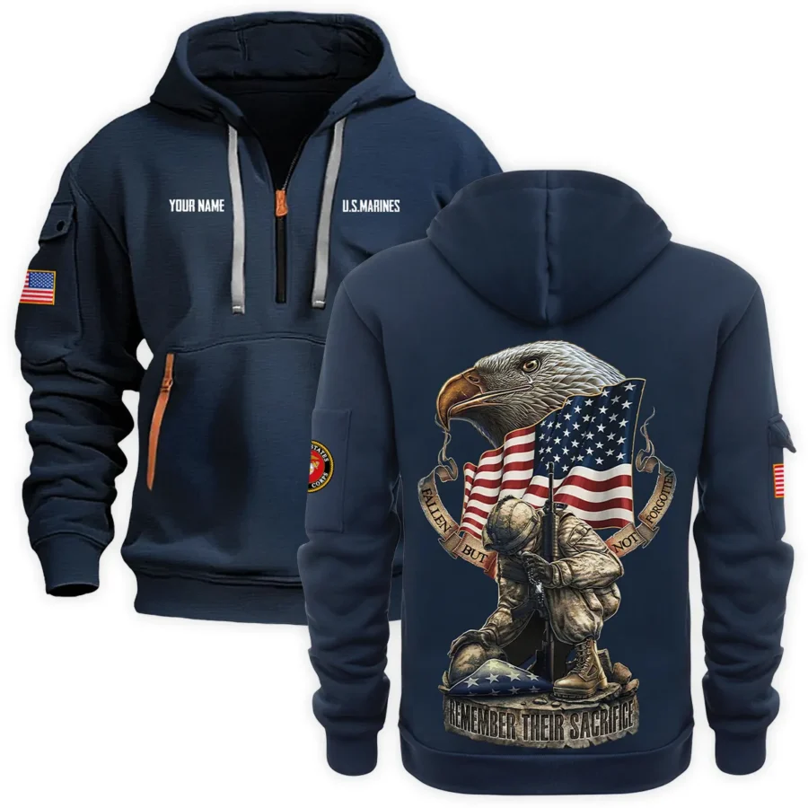 Personalized Name Color Navy Fallen But Not Forgotten Remember Their Sacrifice U.S. Marine Corps Veteran Hoodie Half Zipper