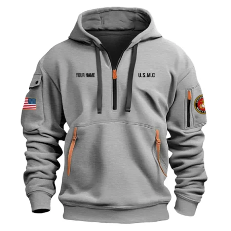 Personalized Name Color Gray My Time In Uniform Is Over  U.S. Marine Corps Veteran Hoodie Half Zipper