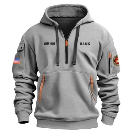 Personalized Name Color Gray Against All Enemies Foreign And Domestic U.S. Marine Corps Veteran Hoodie Half Zipper