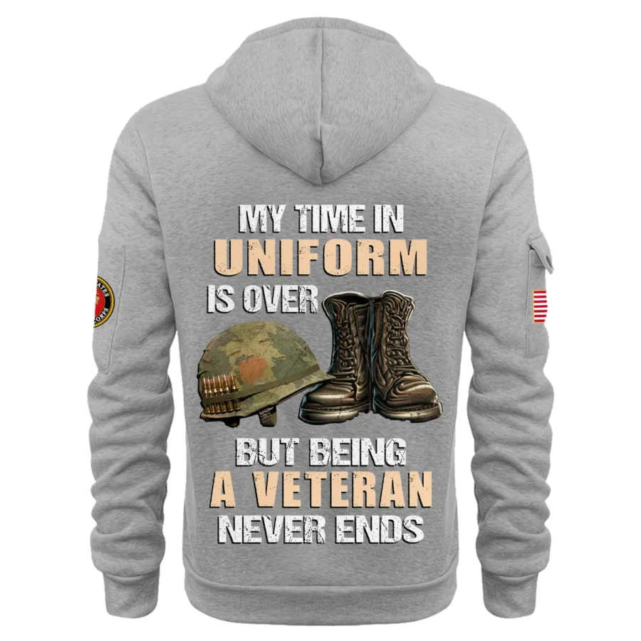 Personalized Name Color Gray My Time In Uniform Is Over  U.S. Marine Corps Veteran Hoodie Half Zipper