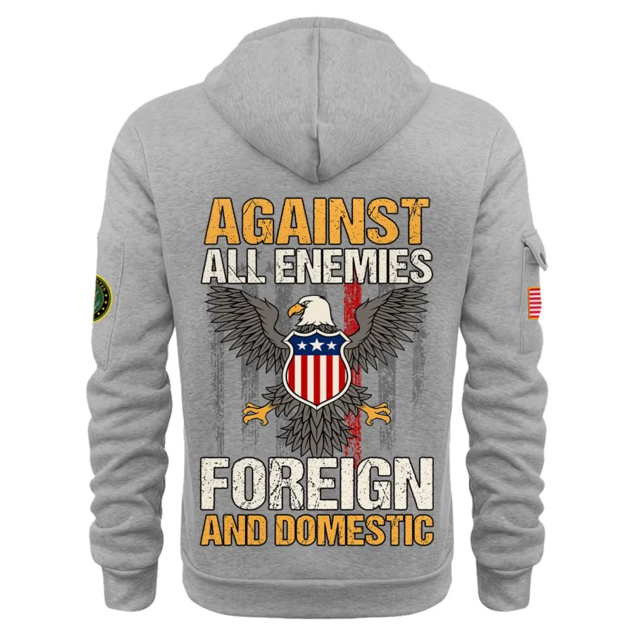 Personalized Name Color Gray Against All Enemies Foreign And Domestic U.S. Army Veteran Hoodie Half Zipper