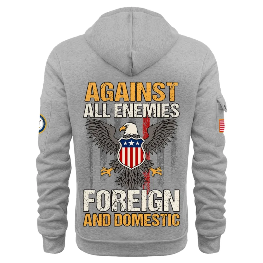 Personalized Name Color Gray Against All Enemies Foreign And Domestic U.S. Navy Veteran Hoodie Half Zipper