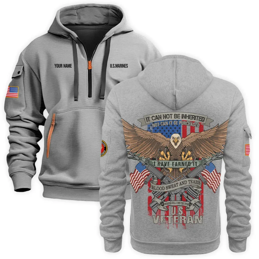 Personalized Name Color Gray It CanNot Be Inherited U.S. Marine Corps Veteran Hoodie Half Zipper