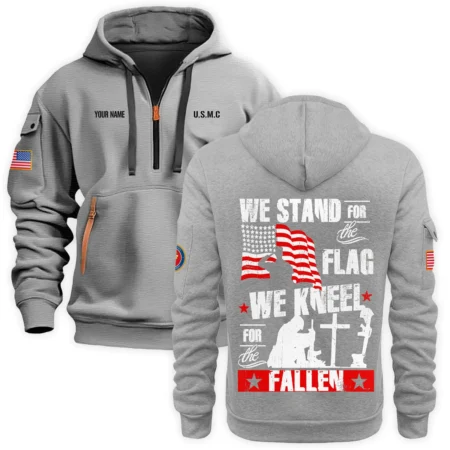 Personalized Name Color Gray We Stand For The Flag U.S. Marine Corps Veteran Hoodie Half Zipper