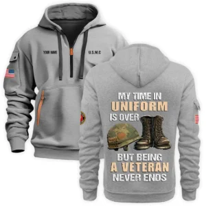 Personalized Name Color Navy My Time In Uniform Is Over  U.S. Marine Corps Veteran Hoodie Half Zipper