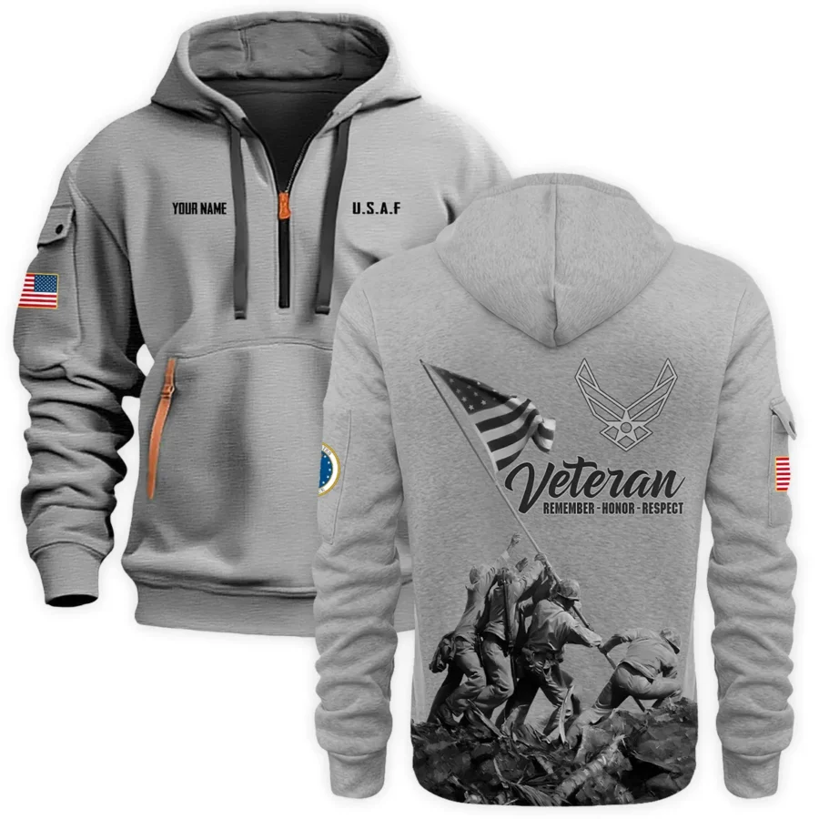 Personalized Name Color Gray Veteran Remember Honor Respect U.S. Air Force Veteran Hoodie Half Zipper