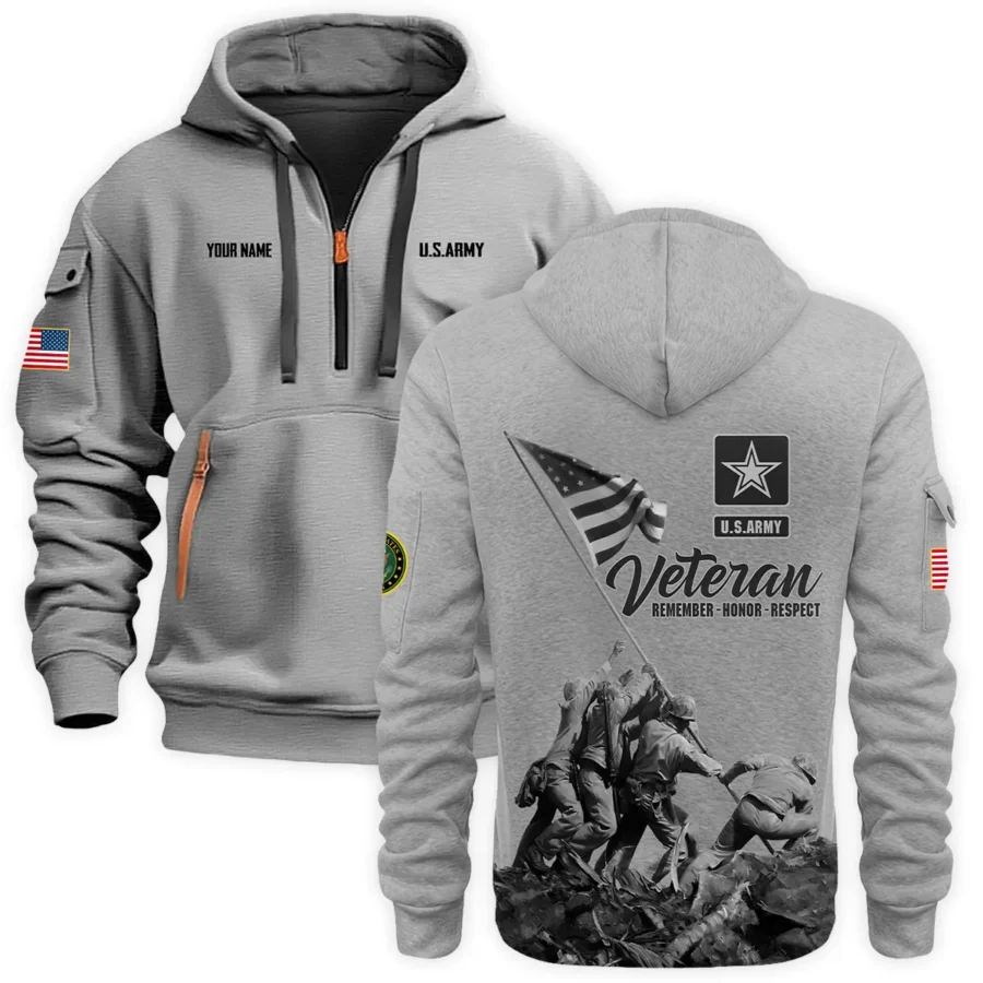 Personalized Name Color Gray Veteran Remember Honor Respect U.S. Army Veteran Hoodie Half Zipper