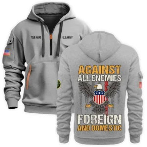 Personalized Name Color Navy Against All Enemies Foreign And Domestic U.S. Army Veteran Hoodie Half Zipper