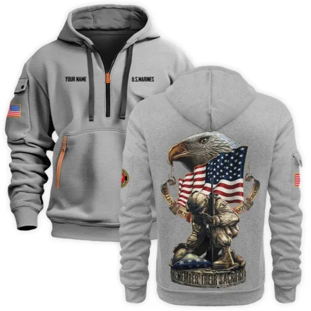 Personalized Name Color Gray Fallen But Not Forgotten Remember Their Sacrifice U.S. Marine Corps Veteran Hoodie Half Zipper