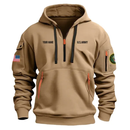 Personalized Name Color Khaki My Time In Uniform Is Over  U.S. Army Veteran Hoodie Half Zipper