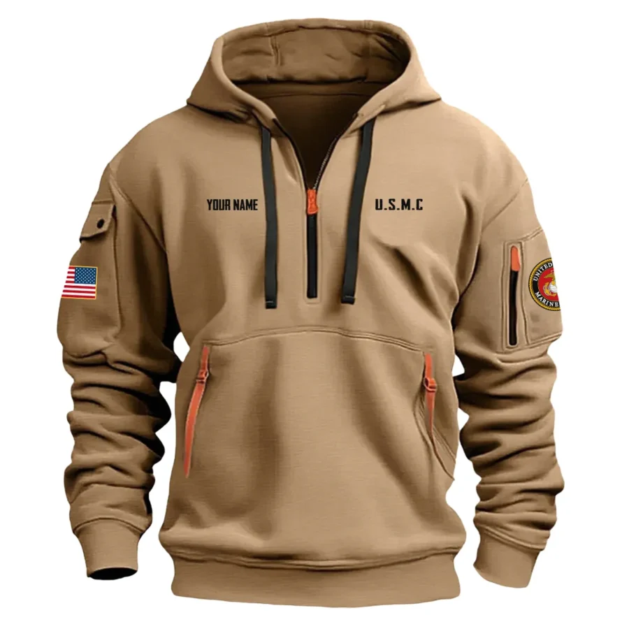 Personalized Name Color Khaki Veteran Remember Honor Respect U.S. Marine Corps Veteran Hoodie Half Zipper