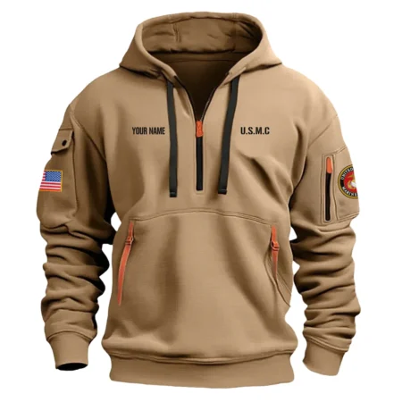 Personalized Name Color Khaki Freedom Isnt Free We Fight For It U.S. Marine Corps Veteran Hoodie Half Zipper