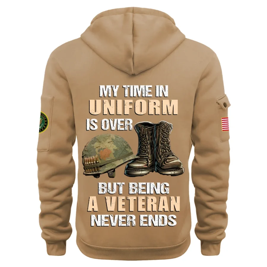 Personalized Name Color Khaki My Time In Uniform Is Over  U.S. Army Veteran Hoodie Half Zipper