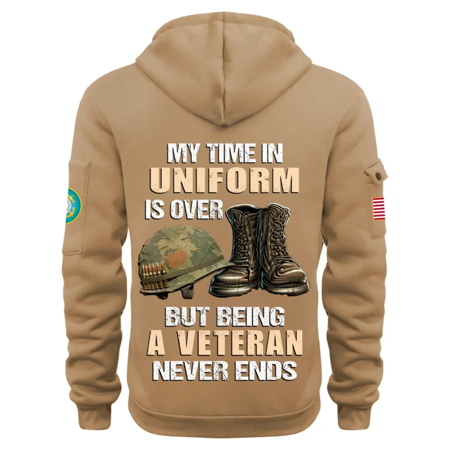 Personalized Name Color Khaki My Time In Uniform Is Over  U.S. Coast Guard Veteran Hoodie Half Zipper